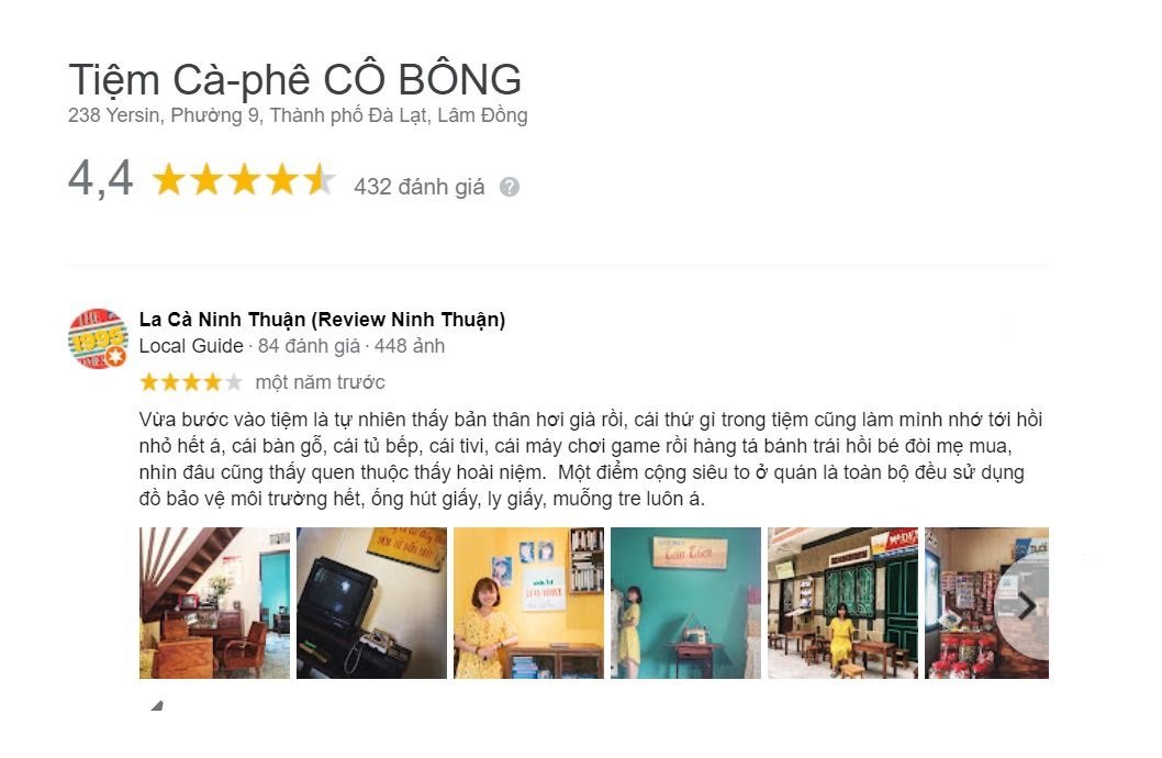Đánh giá tiệm cà-phê Cô Bông với 4,4 sao, có bình luận tích cực về không gian và nội thất hoài niệm.